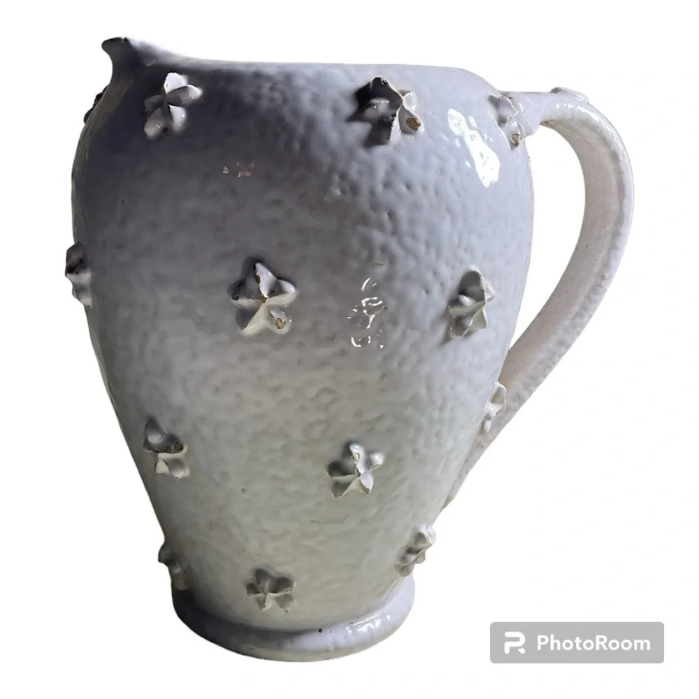 Vintage Handmade White Ceramic Pitcher Floral Cottagecore Vase